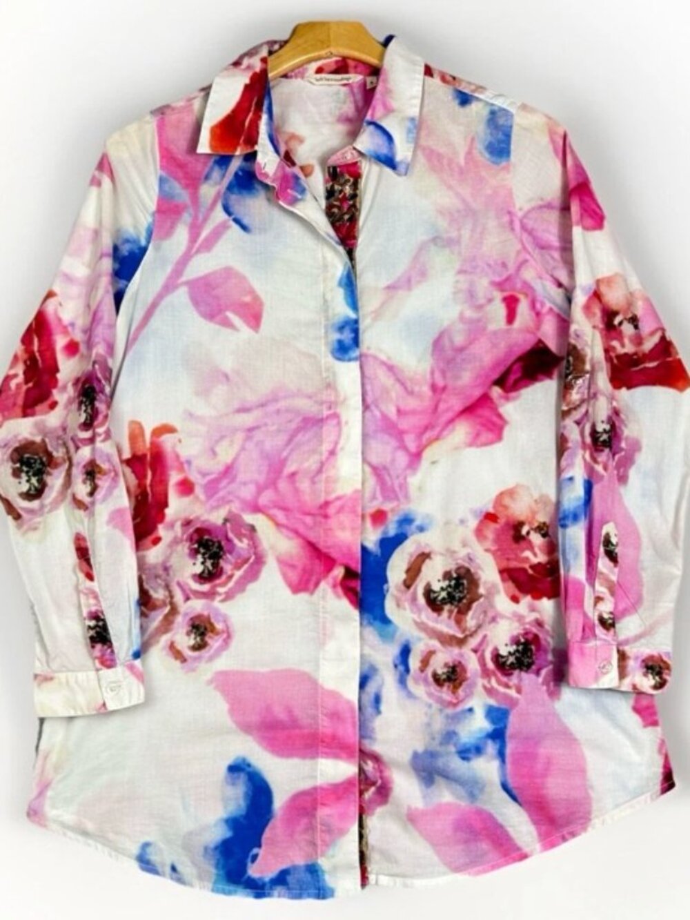 Soft Surroundings Aquarelle Floral Tunic Blouse M Roll Tab Watercolor Button Up